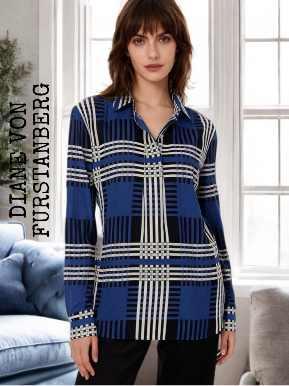 DIANE VON FURSTANBERG
 Blue and Black Plaid Button-Down Shirt